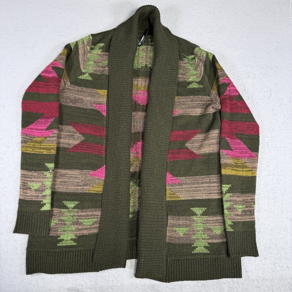 O'Neill Women's Large Open Front Cardigan Sweater Green Southwestern Aztec Print